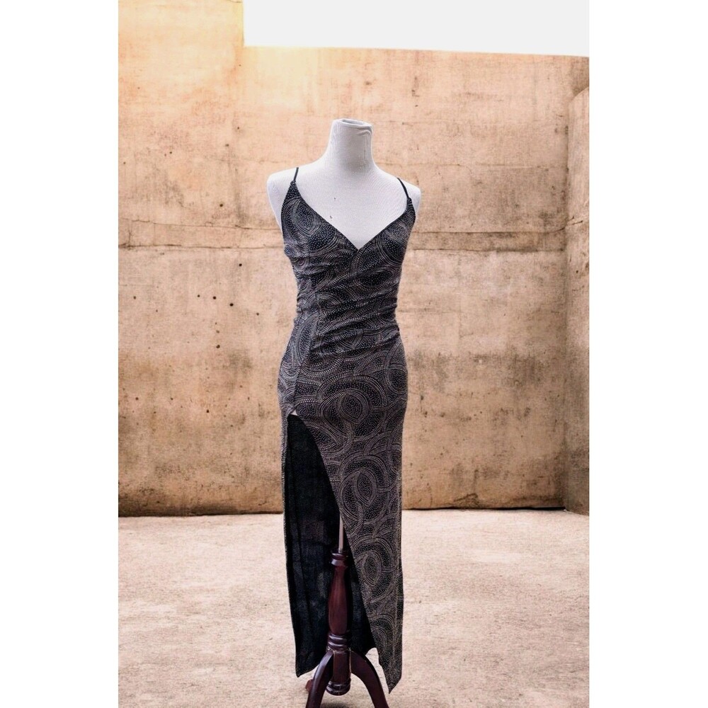 Vtg Medium Y2K A'GACI Maxi Slit Cocktail Dress Black Party Prom Whimsigoth